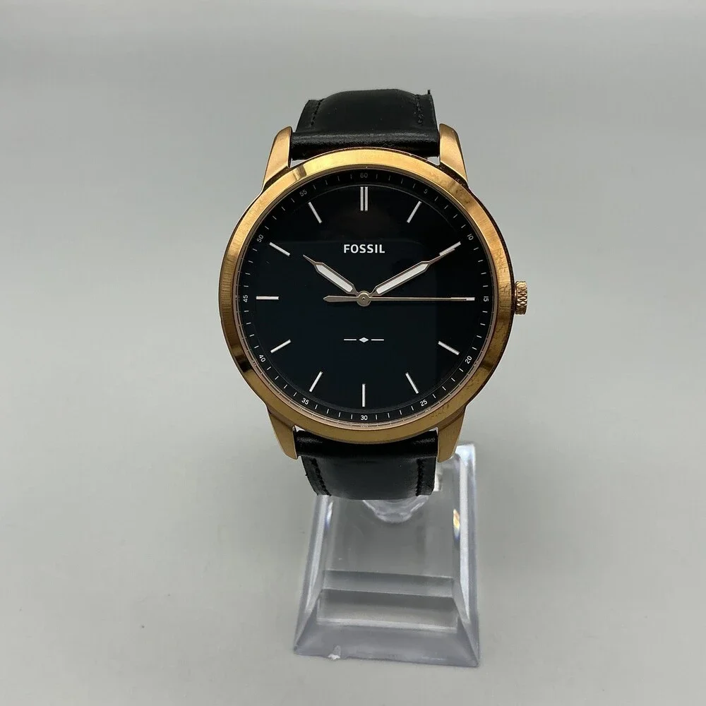 Fossil Mens Watch 44mm Black Rose Gold Tone Black Leather FS5376 New Battery - Picture 2 of 14